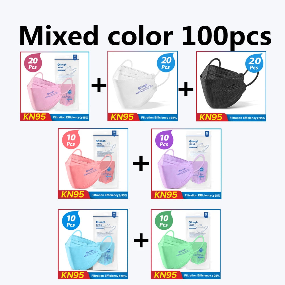 Promotional graphic for mixed color KN95 face masks with quantities on a white background.