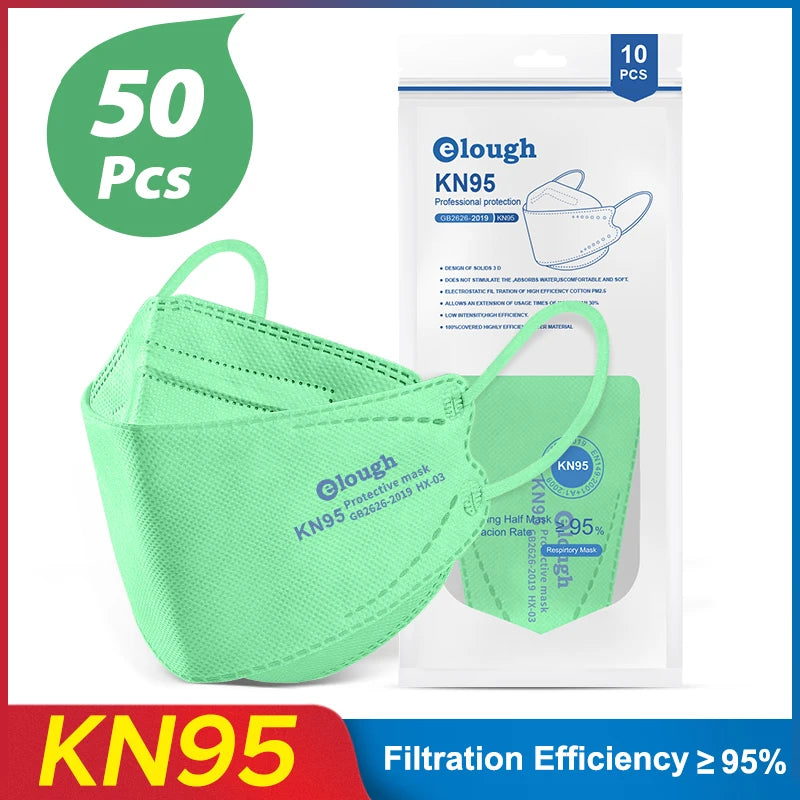 Green KN95 mask with packaging and text indicating 50 pieces and filtration efficiency.