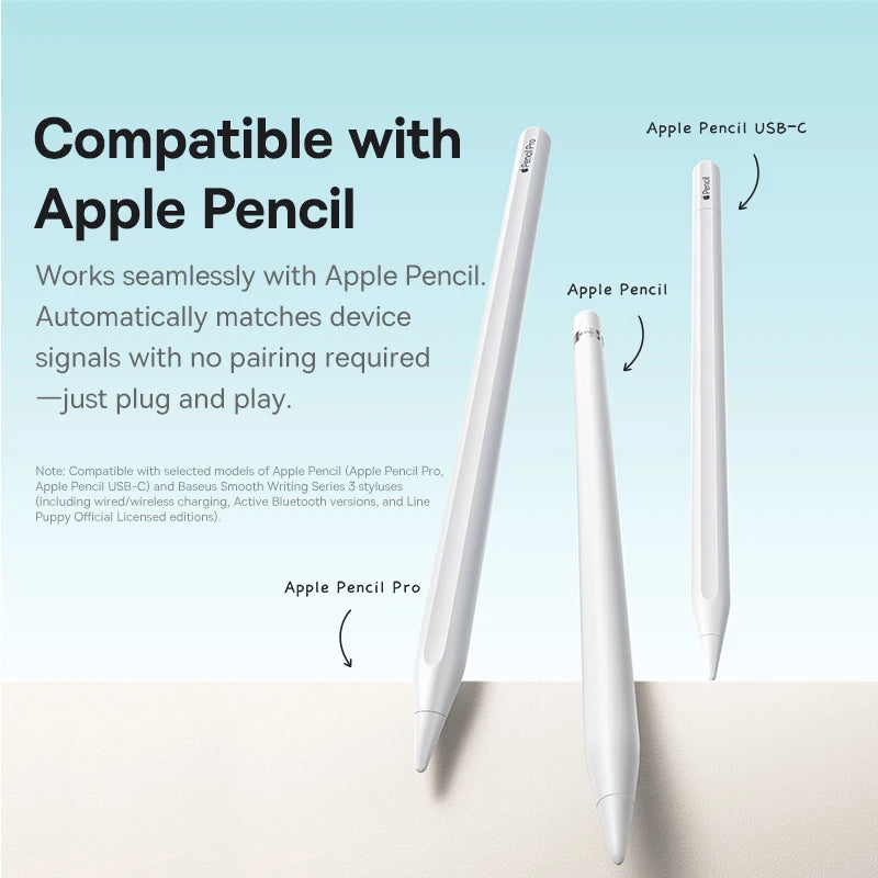 Two Apple Pencil models with text explaining compatibility and features on a light blue background.