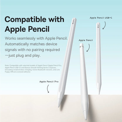 Two Apple Pencil models with text explaining compatibility and features on a light blue background.