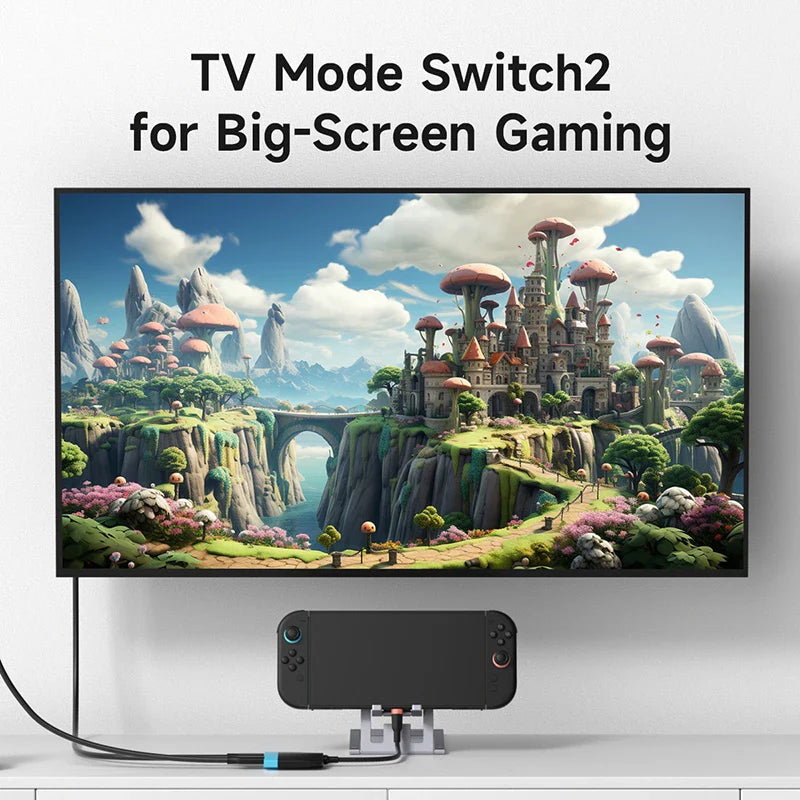 TV Mode Switch2 for Big-Screen Gaming with a fantasy landscape on the TV screen.