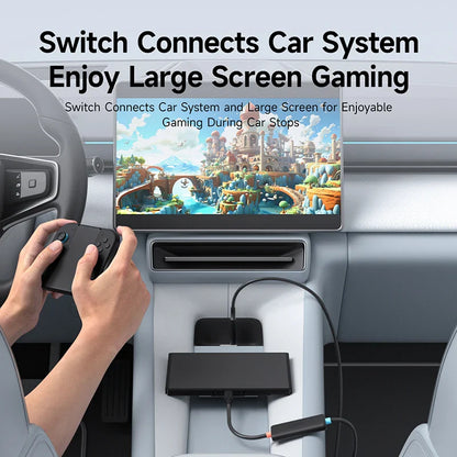 Car interior with a screen displaying a game and a person holding a controller, text 'Switch Connects Car System Enjoy Large Screen Gaming'.