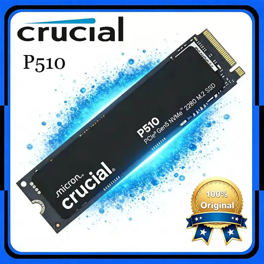 Crucial P510 SSD with branding and certification badge on a white background