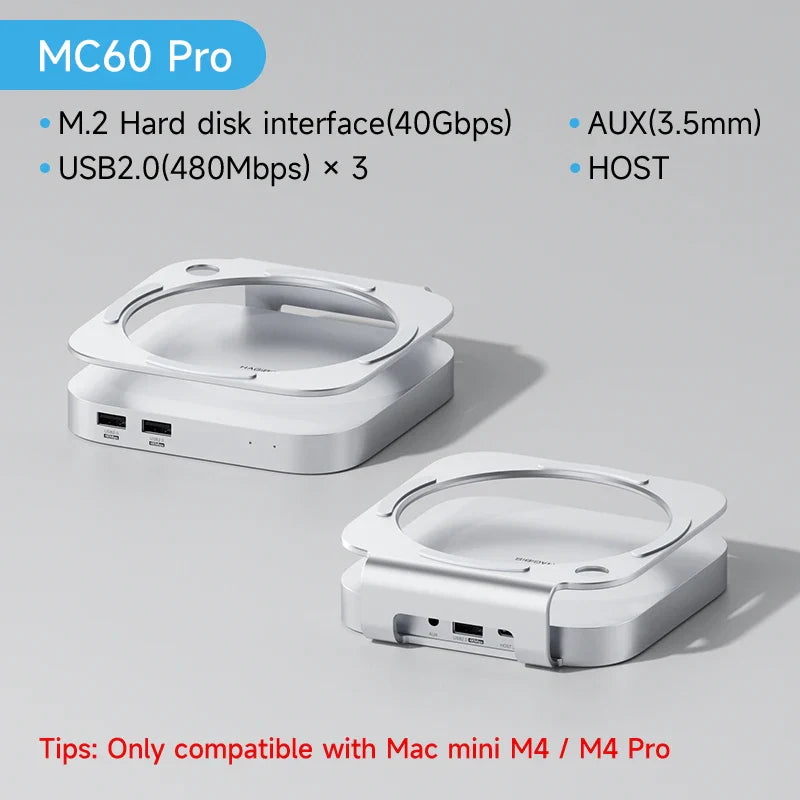 White electronic device with ports and text on a gray background