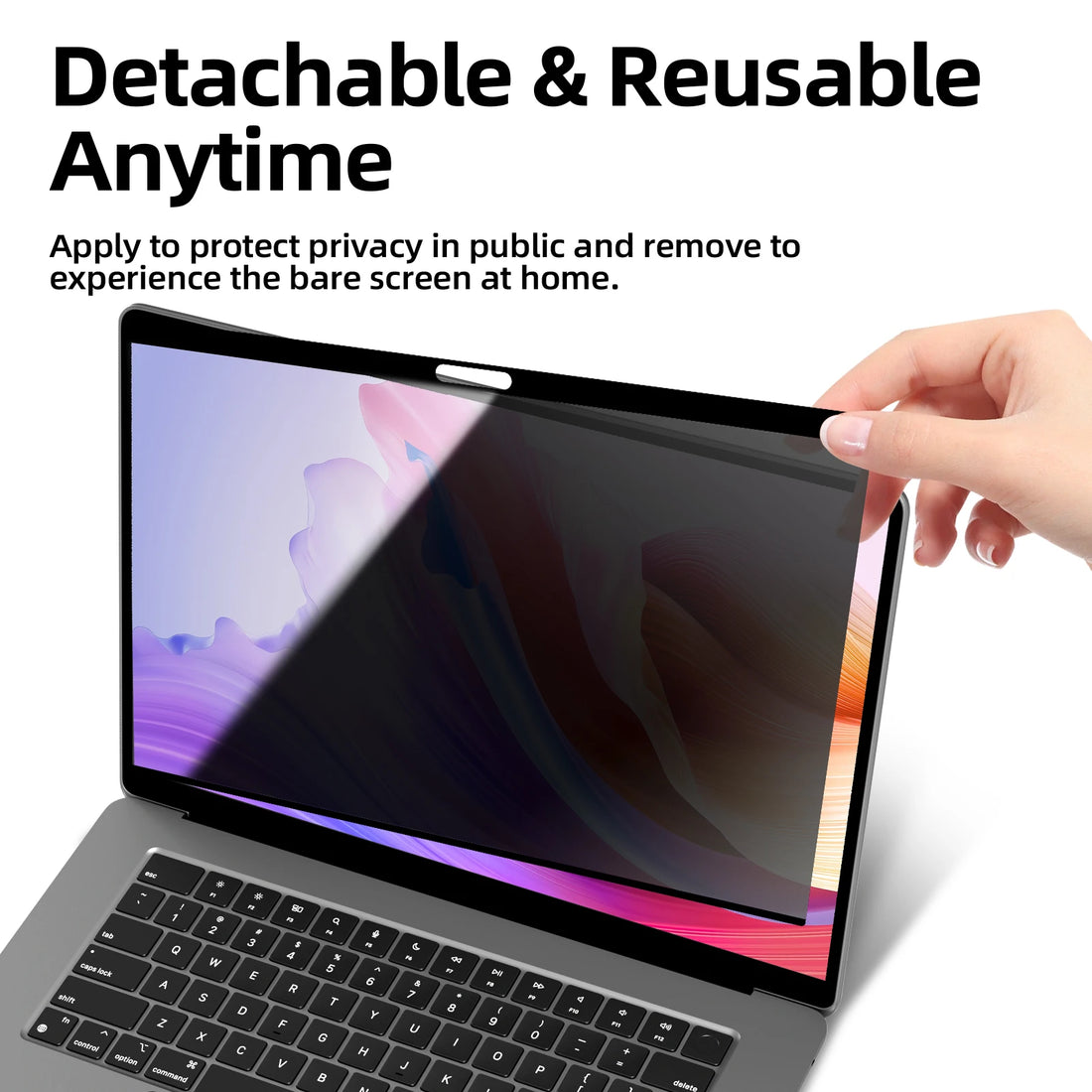 Laptop with a privacy screen filter being applied, text indicating detachable and reusable feature.