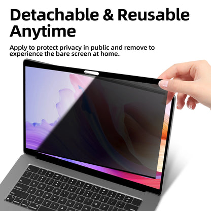 Laptop with a privacy screen filter being applied, text indicating detachable and reusable feature.