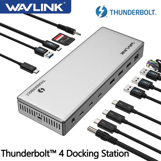 Wavlink Thunderbolt 4 docking station with multiple cables on a white background