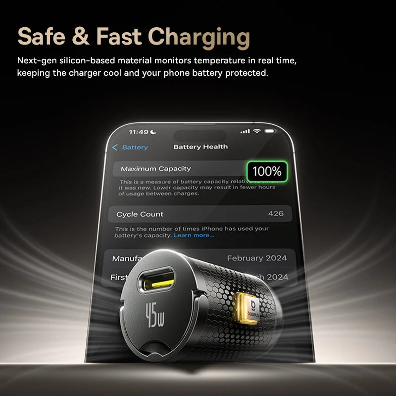 Smartphone displaying battery health information with a charging cable in front on a dark background