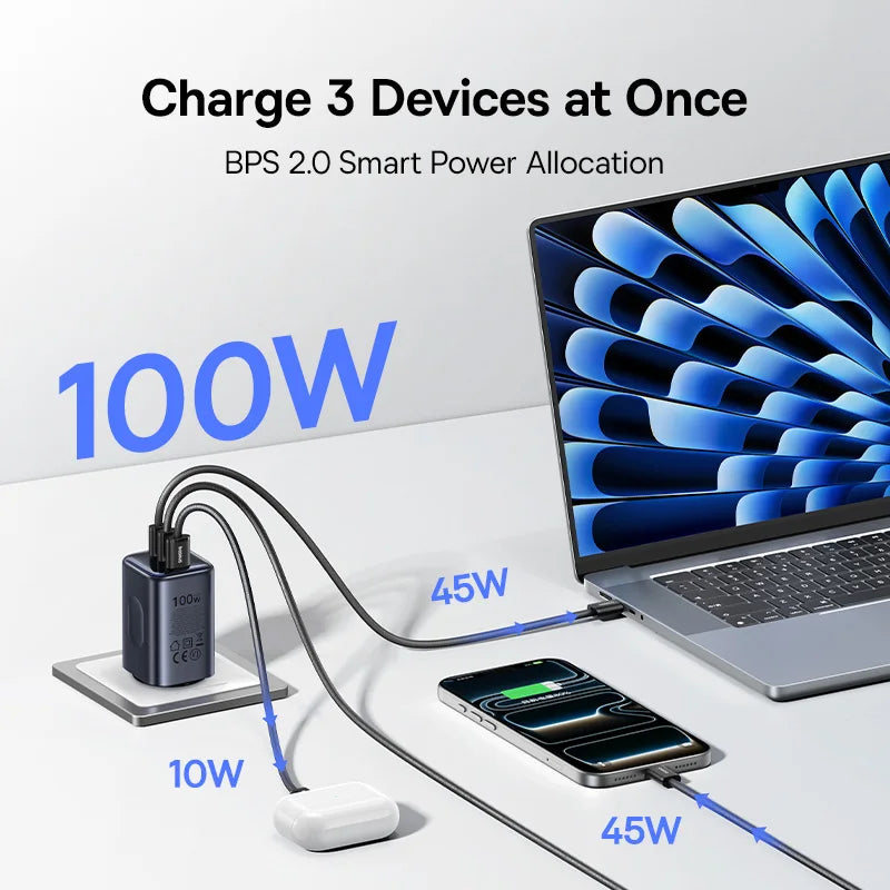 USB-C hub charging a laptop and two devices with power allocation shown.