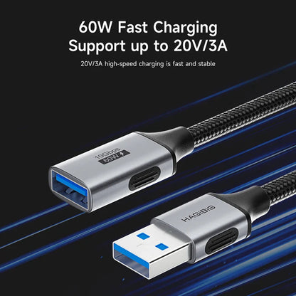 USB cable with metal connectors on a black background, featuring text about fast charging support.