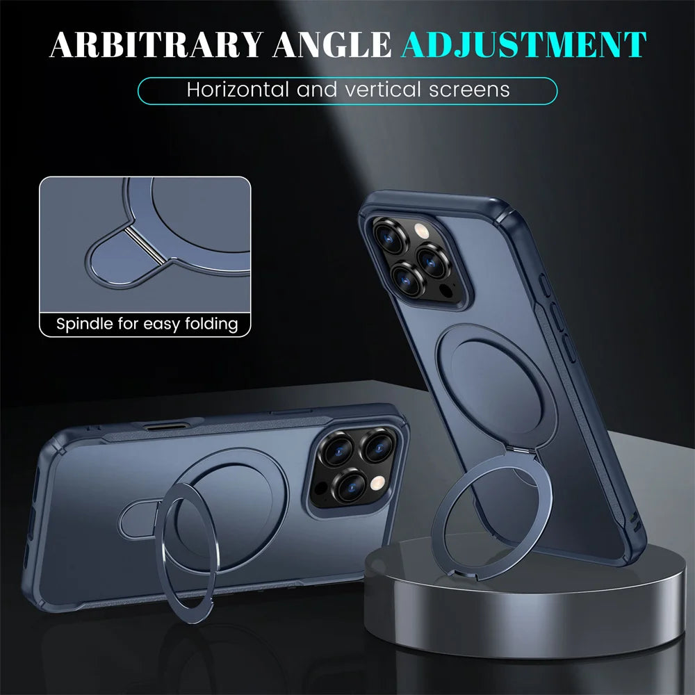Phone case with stand and ring holder on a dark background