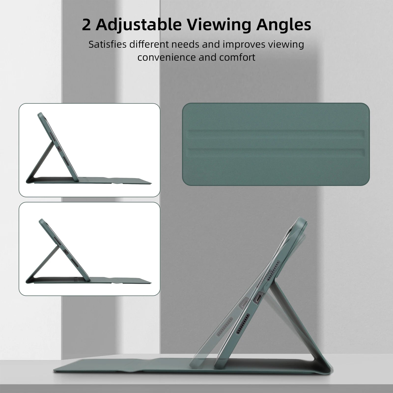 Green adjustable tablet stand with two viewing angles on a gray background