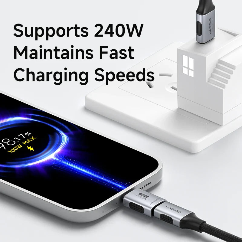 Phone being charged with text indicating fast charging support on a white background