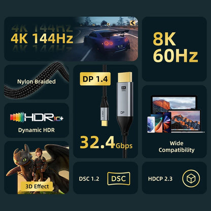 Product features including 4K 144Hz, 8K 60Hz, DP 1.4, HDR, 32.4Gbps, DSC 1.2, HDCP 2.3 on a dark background.