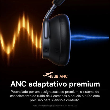 Headphones with sound wave graphics and 48dB ANC text on a dark background
