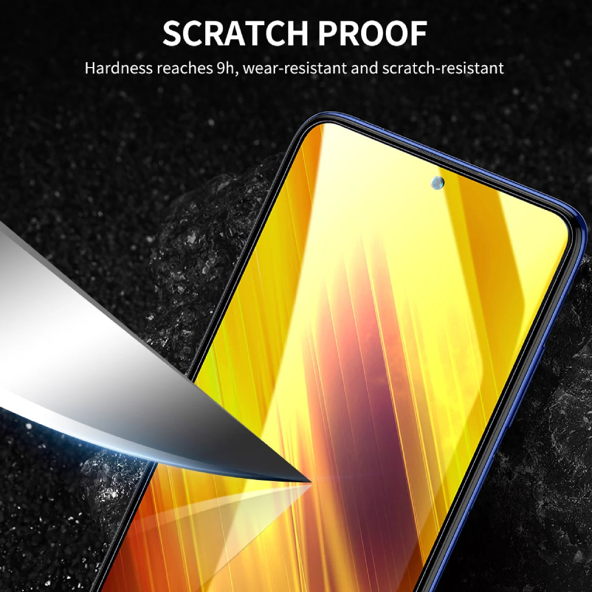 Smartphone with a screen protector demonstrating scratch resistance against a dark background.