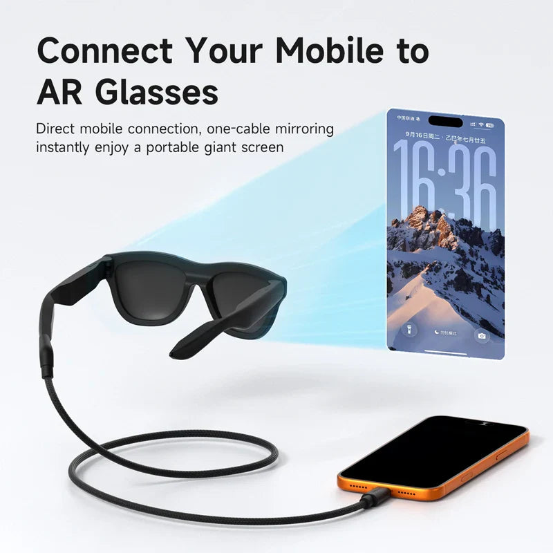 AR glasses connected to a smartphone with text on screen