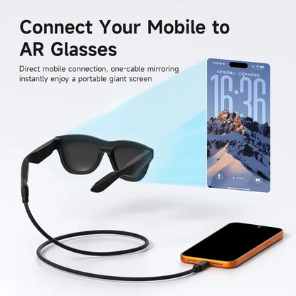 AR glasses connected to a smartphone with text on screen