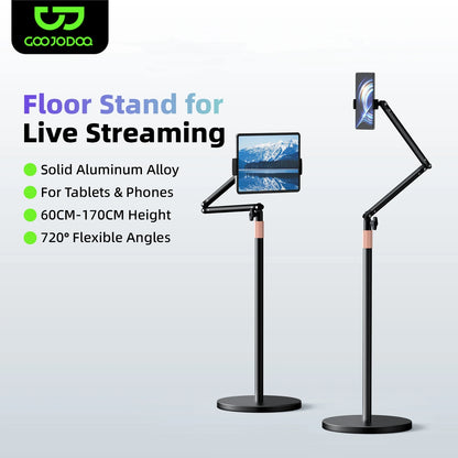 Floor stand for live streaming with adjustable arm holding a tablet and phone, on a light gray background.