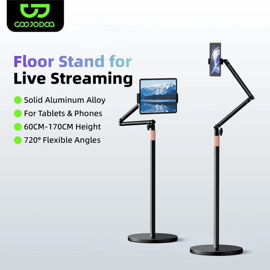 Floor stand for live streaming with adjustable arm holding a tablet and phone, on a light gray background.
