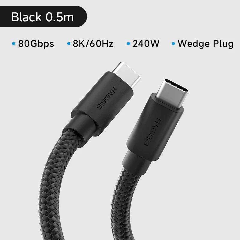 Black USB cable with specifications on a gray background