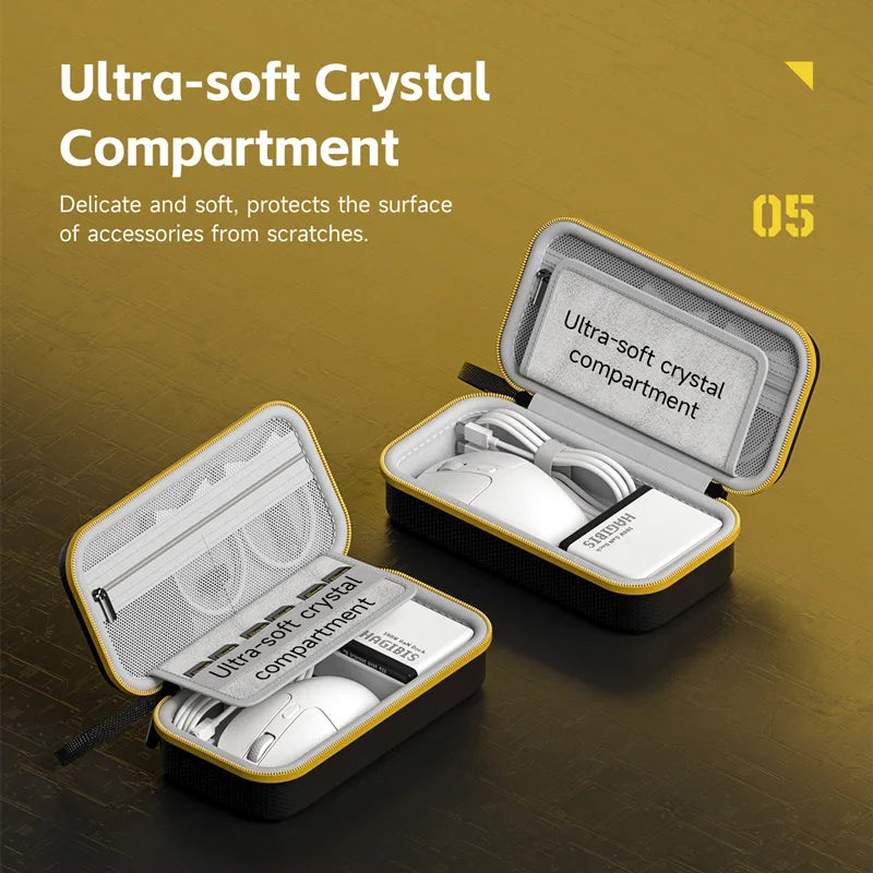 Two open cases with ultra-soft crystal compartments on a brown background