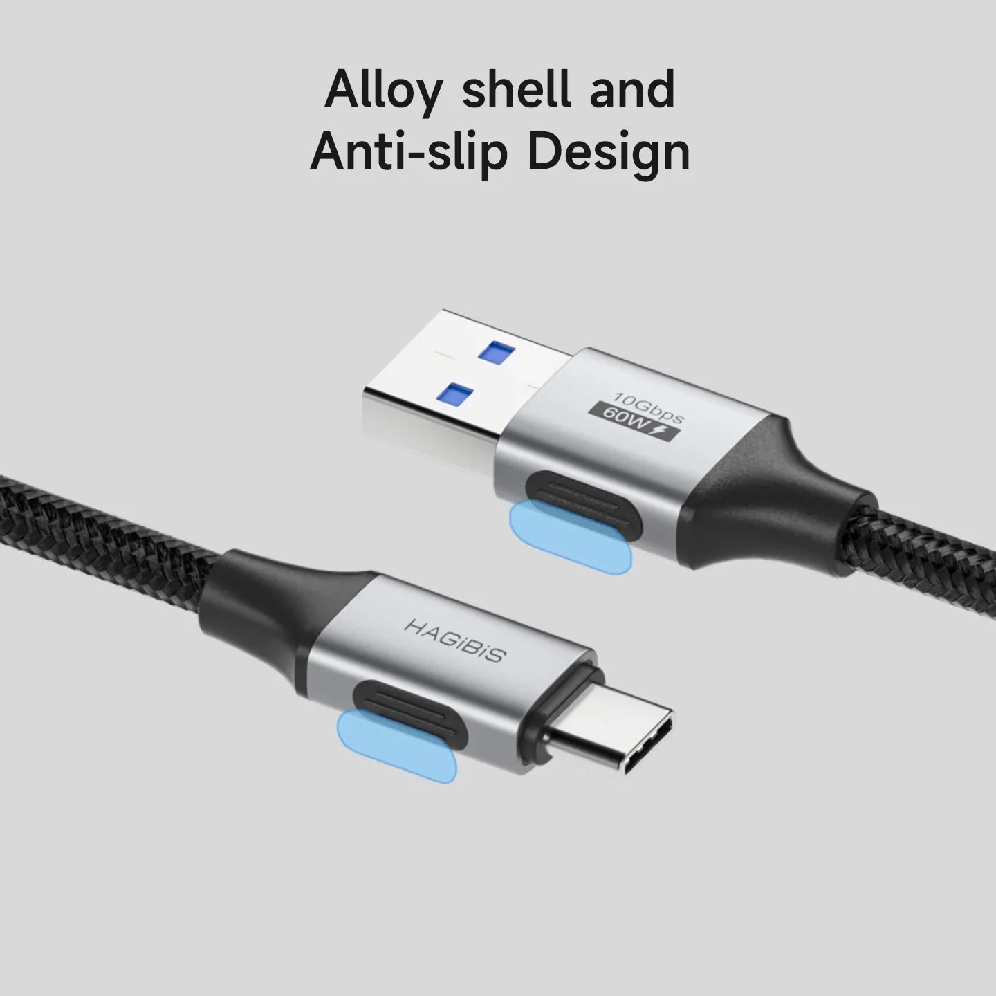 Two USB cables with alloy shell and anti-slip design on a gray background