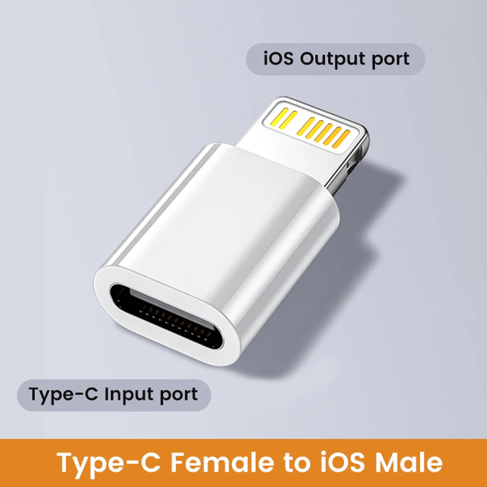 Type-C female to iOS male adapter on a light gray background