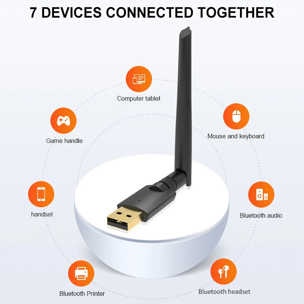 USB adapter with antennas and icons indicating connected devices on a white background