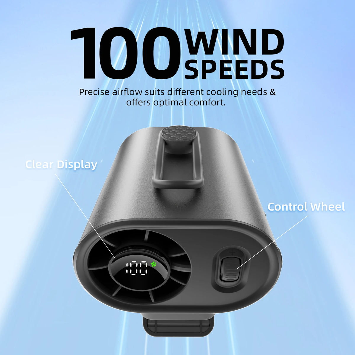 Black portable fan with features highlighted on a blue background