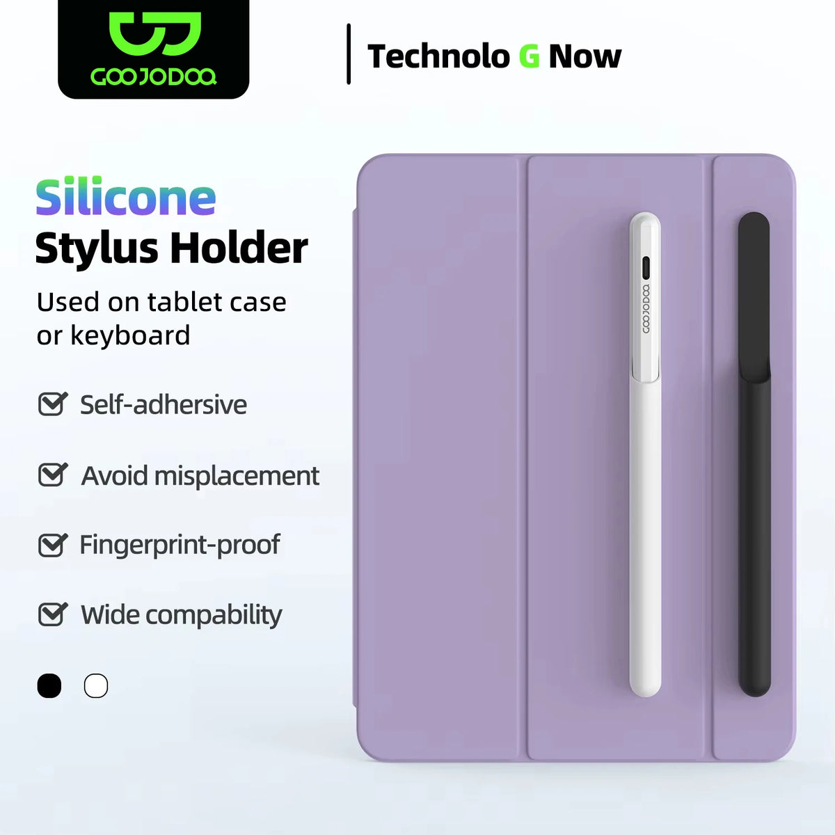 Silicone stylus holder with tablet case and white stylus on a light purple background, featuring Technolo G Now branding.
