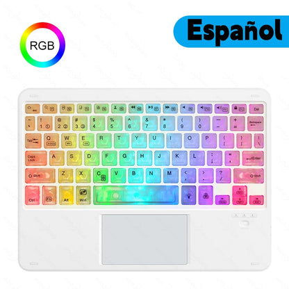 Colorful keyboard cover with RGB and Spanish text on a white background