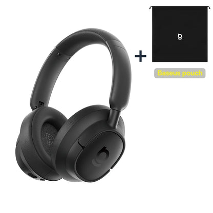 Black headphones with a black pouch on a white background