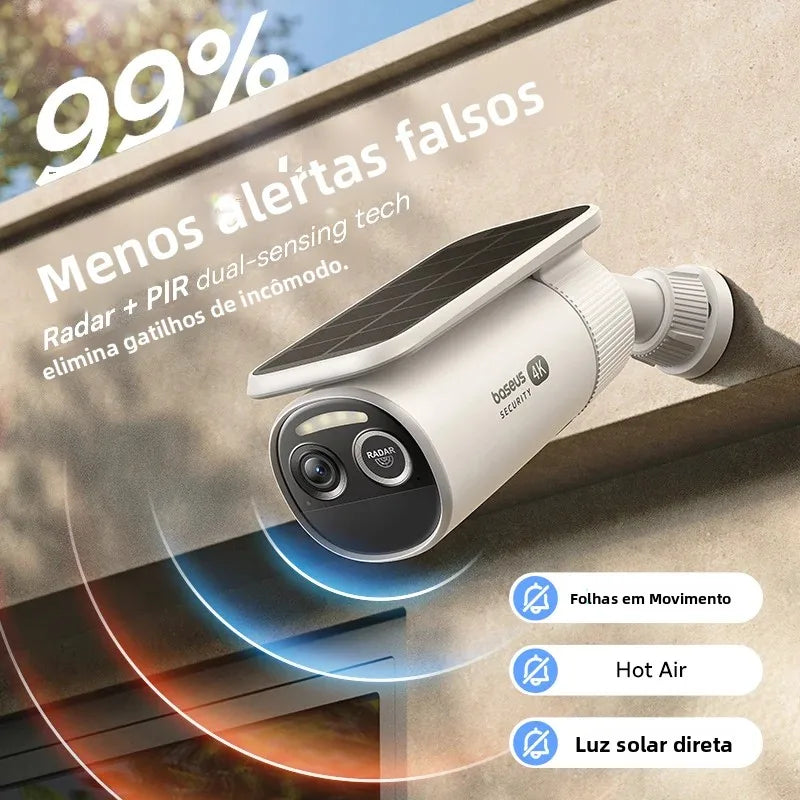 Security camera with solar panel on a wall, featuring text about false alarms and detection technology.