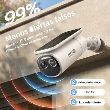 Security camera with solar panel on a wall, featuring text about false alarms and detection technology.