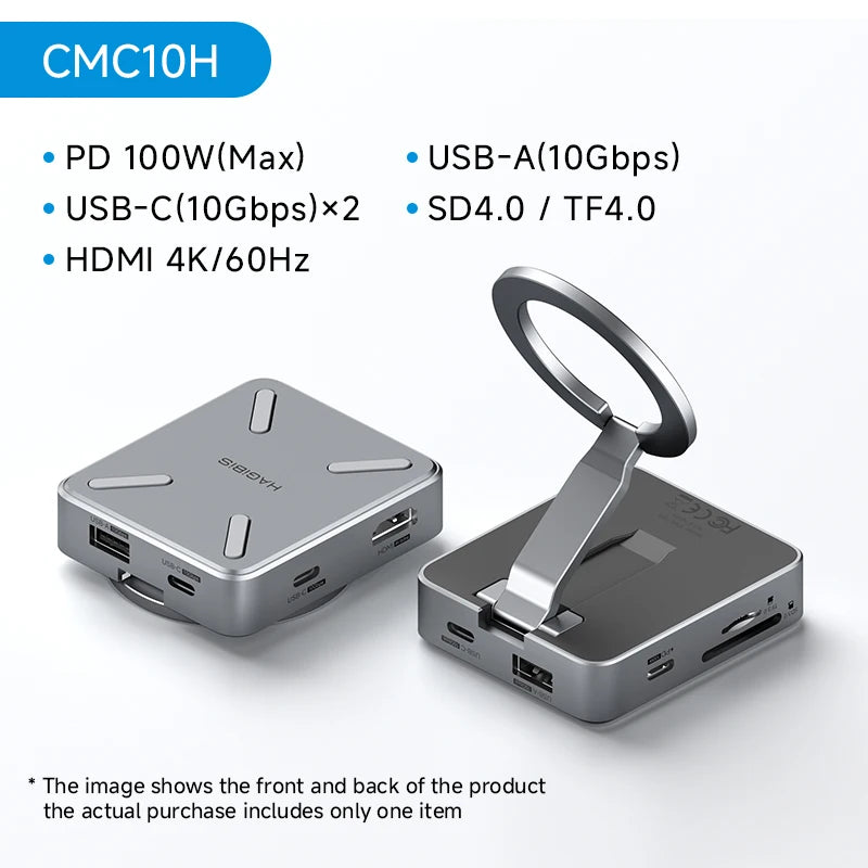 Multifunctional device with ports and a ring holder on a white background, featuring technical specifications.