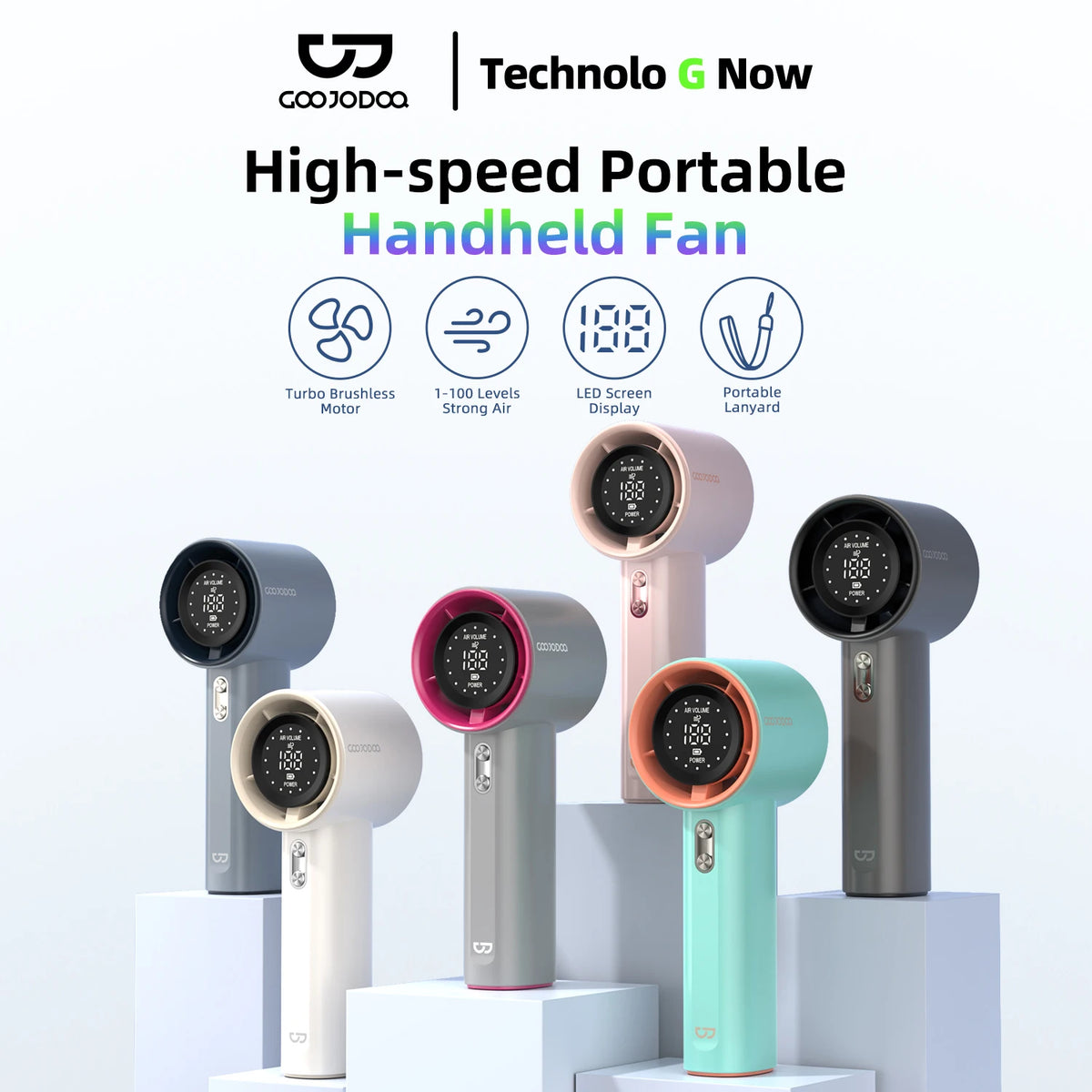 A collection of high-speed portable handheld fans in various colors displayed in an array, showcasing the design and color variety.