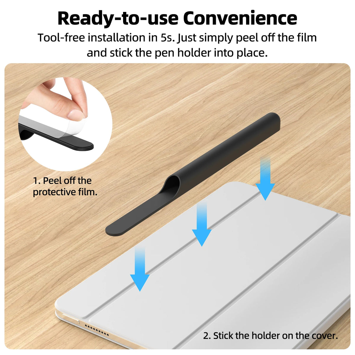 Pen holder installation process on a laptop cover with text indicating tool-free installation.