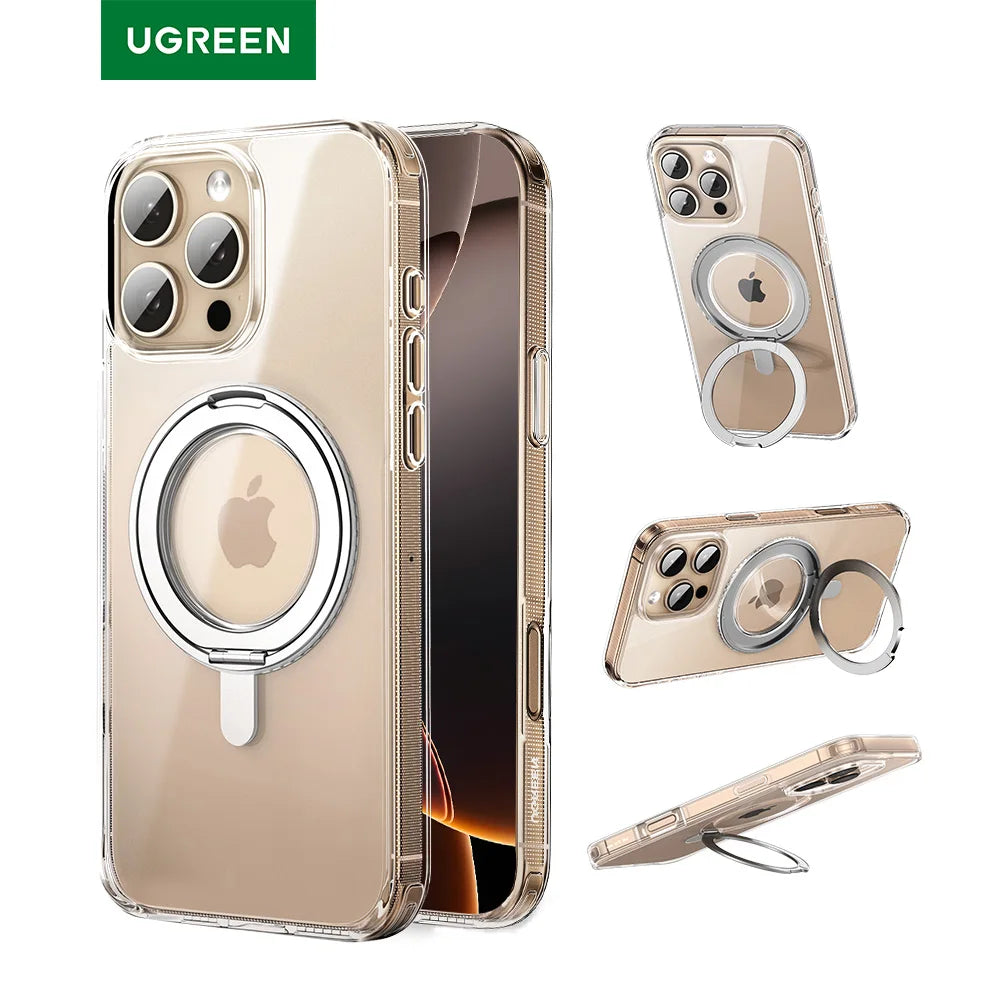 Gold phone case with ring holder and UGREEN branding on a white background