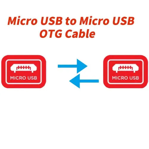 Diagram of a Micro USB to Micro USB OTG cable with icons and an arrow on a white background.