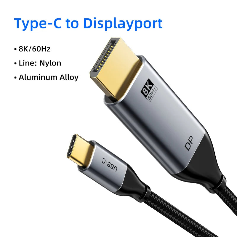 Type-C to DisplayPort cable with specifications on a white background