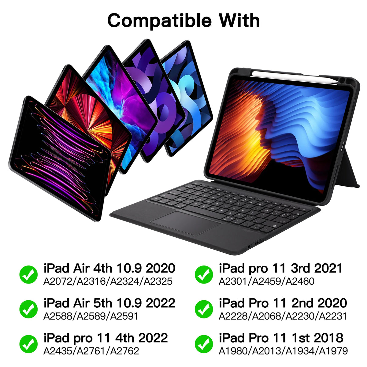 Keyboard case compatible with multiple iPad models on a white background.