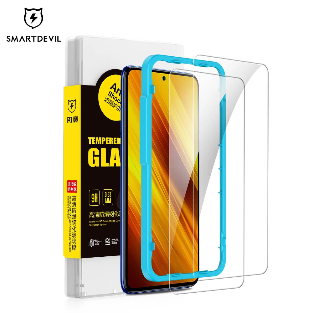 SmartDevil tempered glass screen protector for a smartphone with packaging on a white background