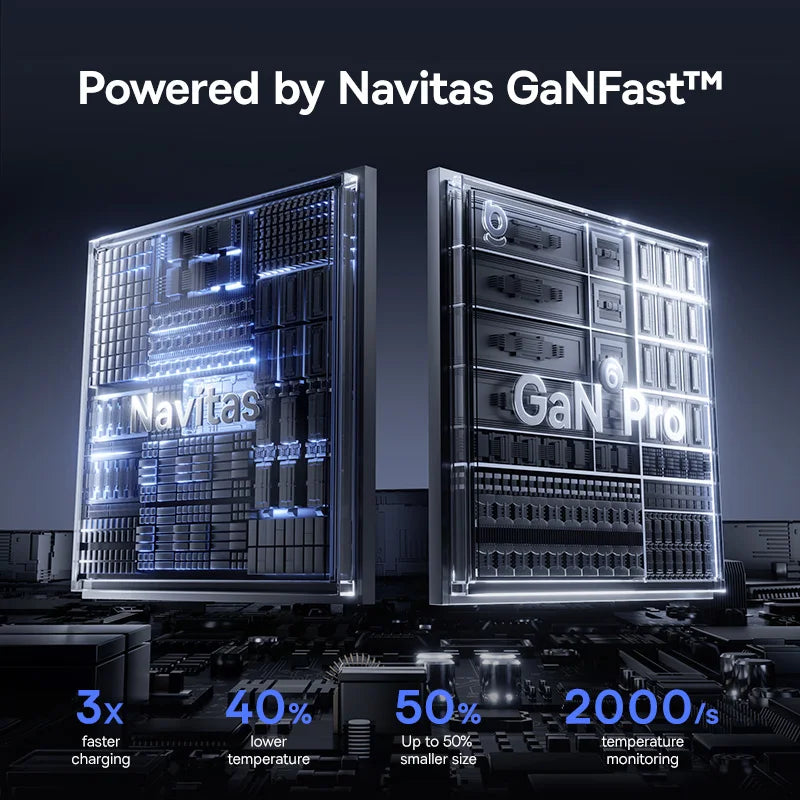 Two electronic devices with 'Navitas' branding on a dark background, highlighting features like faster charging and temperature monitoring.