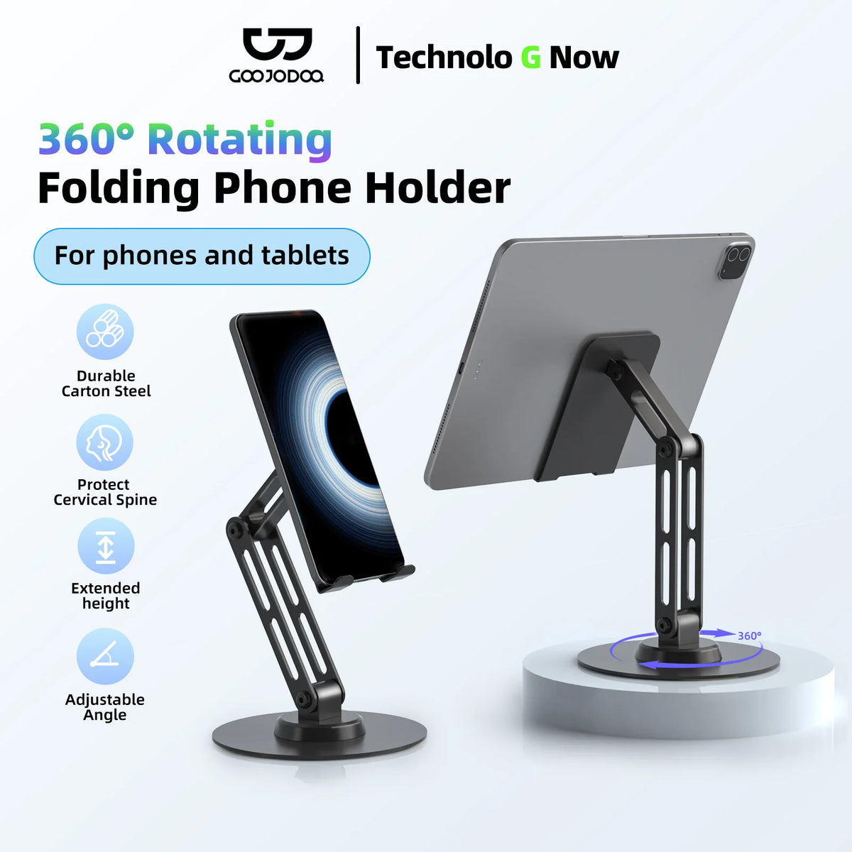 360° Rotating Folding Phone Holder with Goojada and Technolog Now branding on a white background.