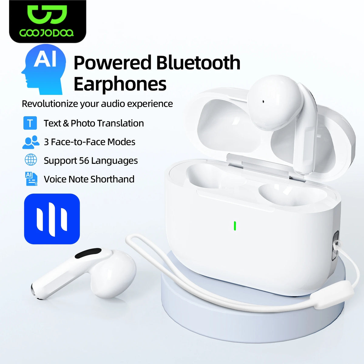 White Bluetooth earphones with charging case on a light gray background, featuring text about AI-powered capabilities.