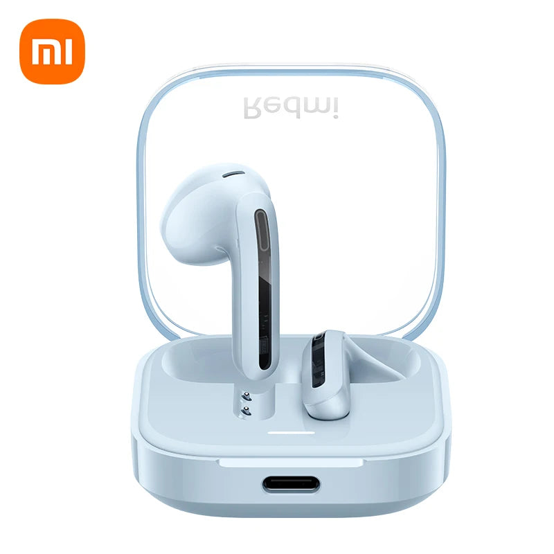 Wireless earbuds with charging case on a white background, featuring Xiaomi logo.