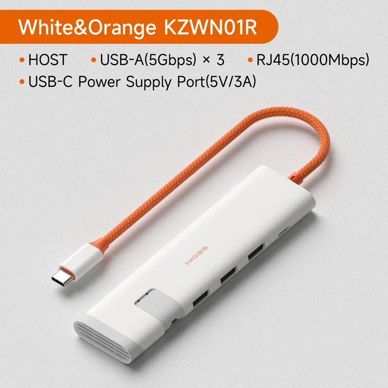 White and orange USB hub with cable on a light gray background