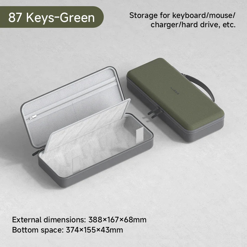 Green and gray storage case for electronic devices on a light gray background