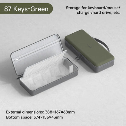 Green and gray storage case for electronic devices on a light gray background